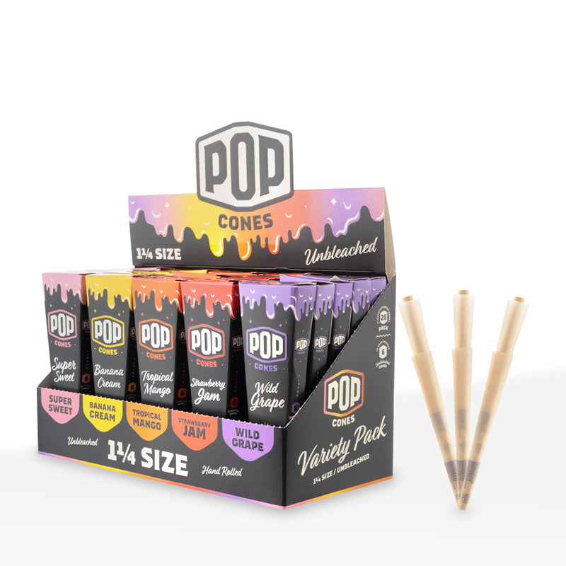 Pop Cones | Pre-Rolled Cones 1¼ Size | 84mm - Assorted Flavors - 6 Pack 25 Count - Unbleached Paper