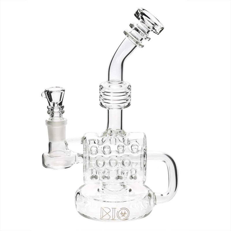 Bio Glass Glass Dab Rig 8" BIO Inline Puck Fluted Thorn Barrel Water Pipe - Clear with Gold Logo