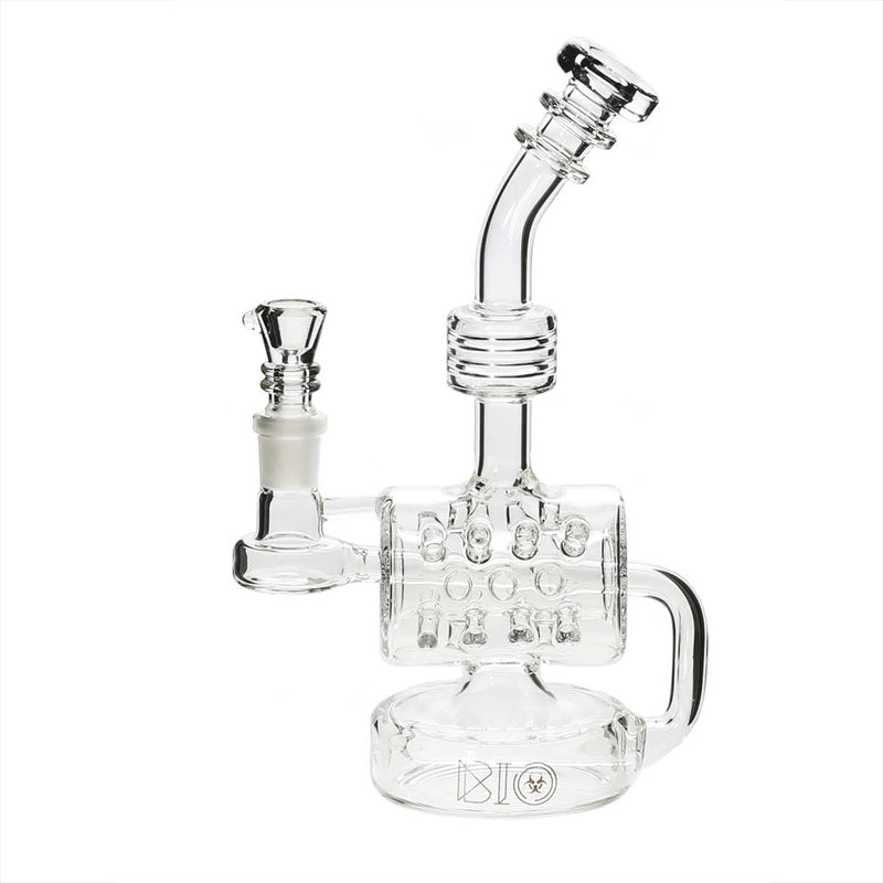 Bio Glass Glass Dab Rig 8" BIO Inline Puck Fluted Thorn Barrel Water Pipe - Clear with Silver Logo