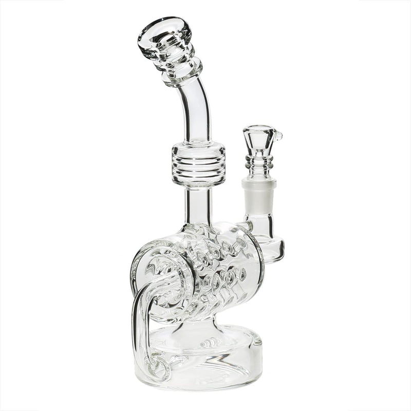 Bio Glass Glass Dab Rig 8" BIO Inline Puck Fluted Thorn Barrel Water Pipe - Clear with Silver Logo