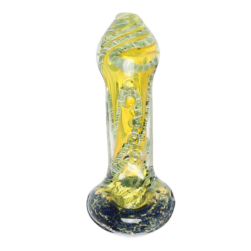 Biohazard Inc Glass Hand Pipe 4" Frit Head Latticino Body Marble Line Hand Pipe - Green/Blue