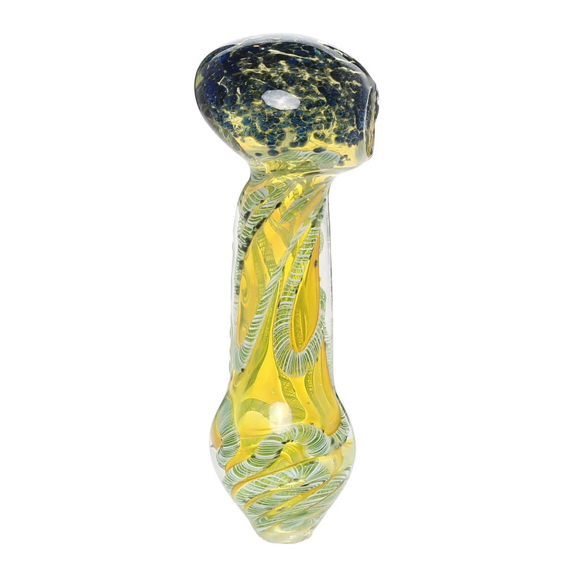 Biohazard Inc Glass Hand Pipe 4" Frit Head Latticino Body Marble Line Hand Pipe - Green/Blue