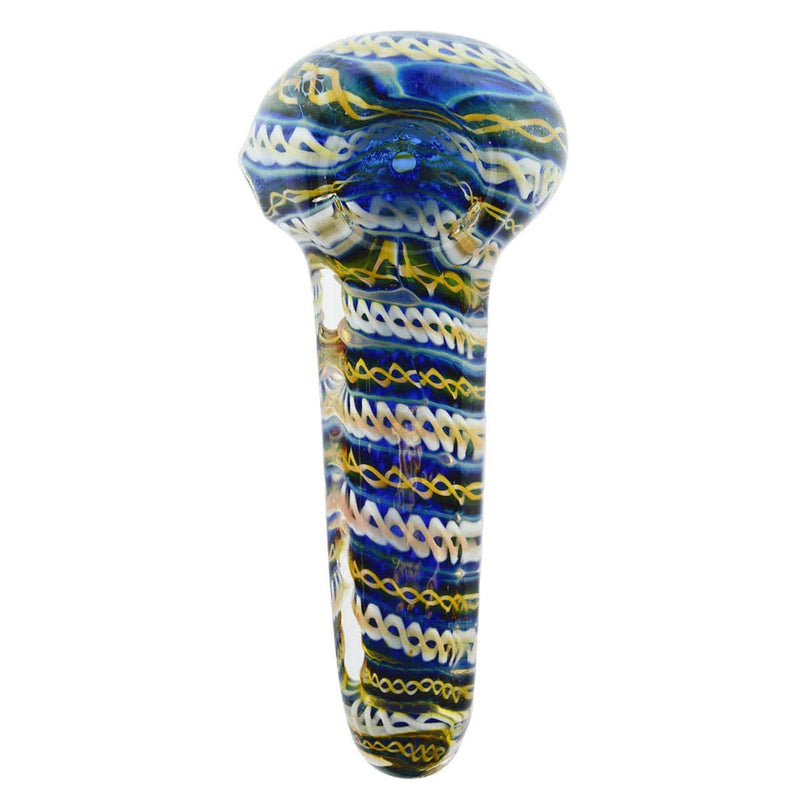 Biohazard Inc Glass Hand Pipe 4" Hand Pipe Blue/Green w/ Latticino Patterns