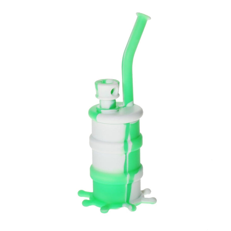 Biohazard Inc Silicone Rig Silicone 8" Bent Neck Small Oil Drum Bubbler - White/Green